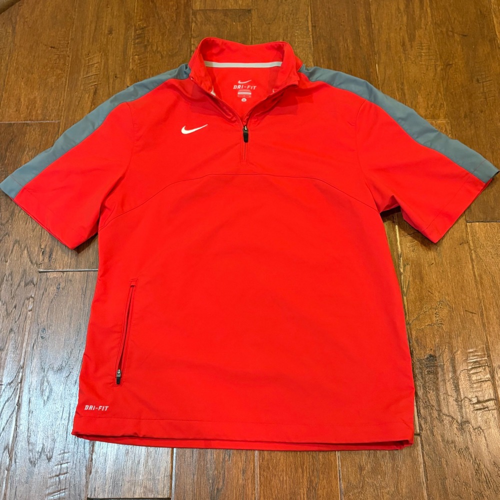 Men's Nike Dri-Fit 1/4 Zip Red & Grey Zipper Pocket Adjustable Hem Pullover Sm